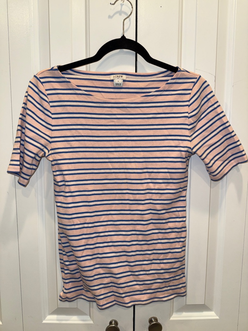 J. Crew Pink and Navy Horizontal Stripe Short Sleeve Top